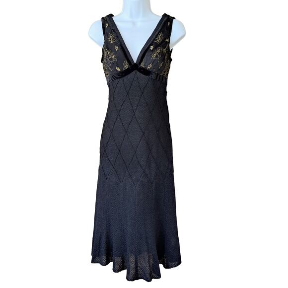 NEW ST. JOHN Evening Black Knit Cocktail Dress Gold Lace V-neck Sz 2 $1495 - Picture 11 of 12